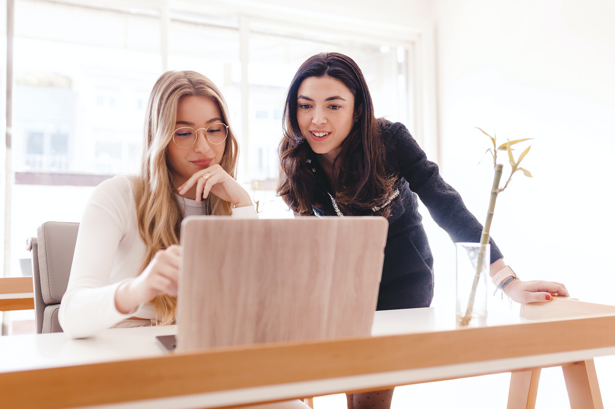 Two women working together with laptop at the office